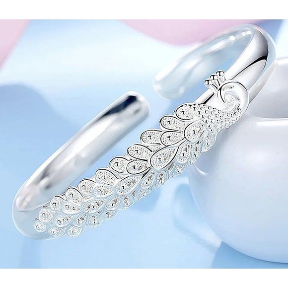 Peacock Sterling Silver .925 Animal Adjustable Bangle Cuff Bracelet .999 - Picture 1 of 4